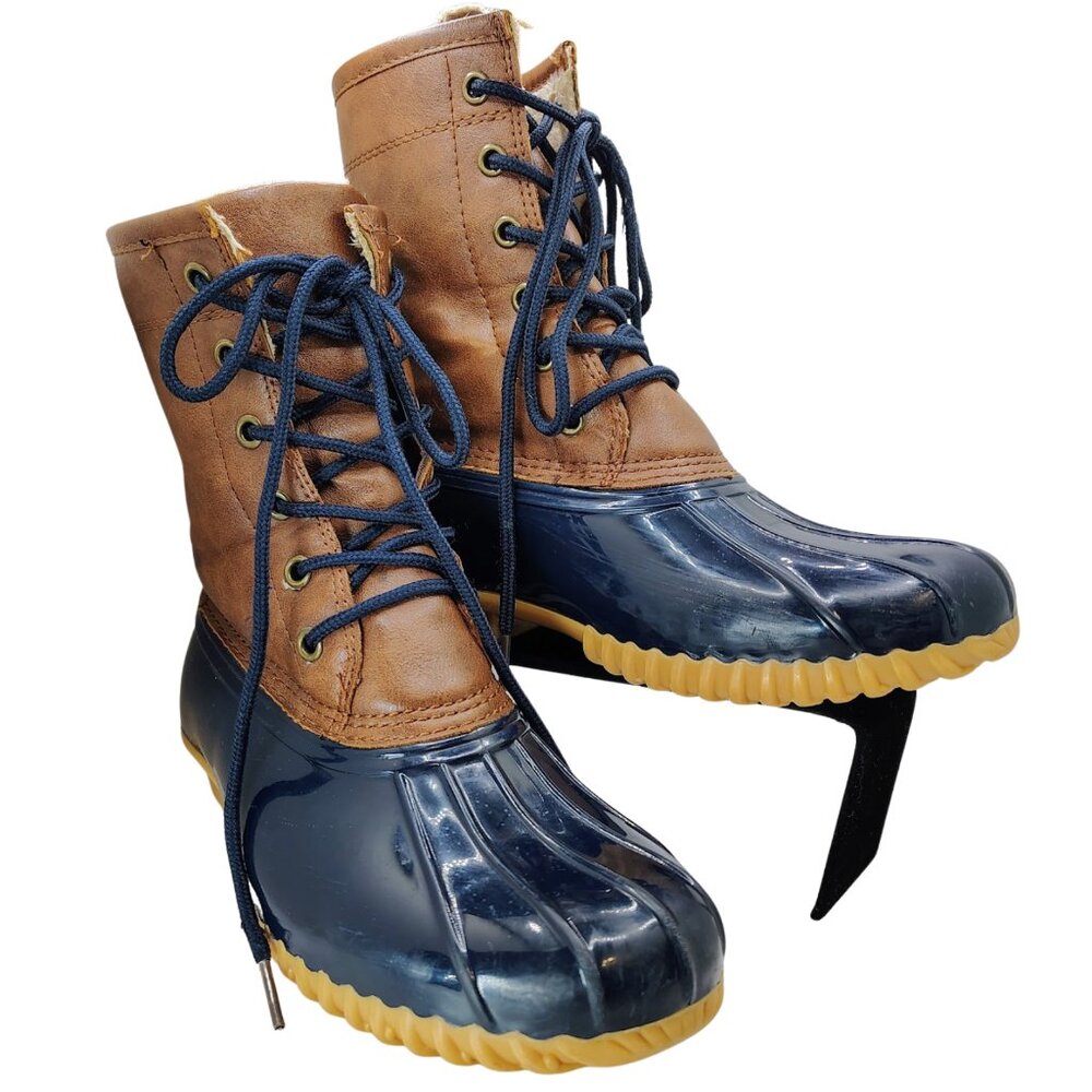 Sporto Dakota Duck Boots Brown Navy Faux Fur Lined Waterproof Size 6M